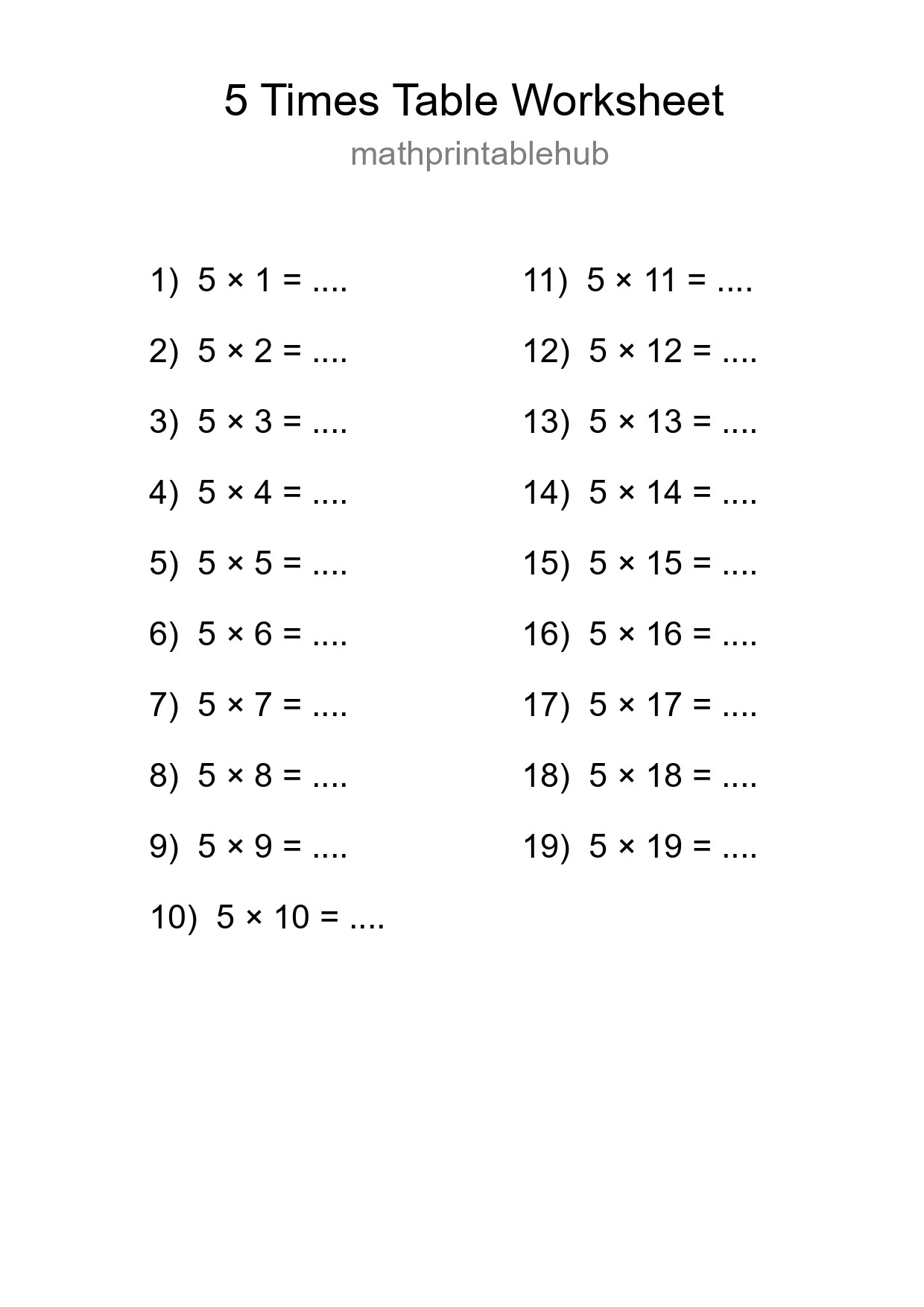 Printable Times Table Worksheet for Grade 2