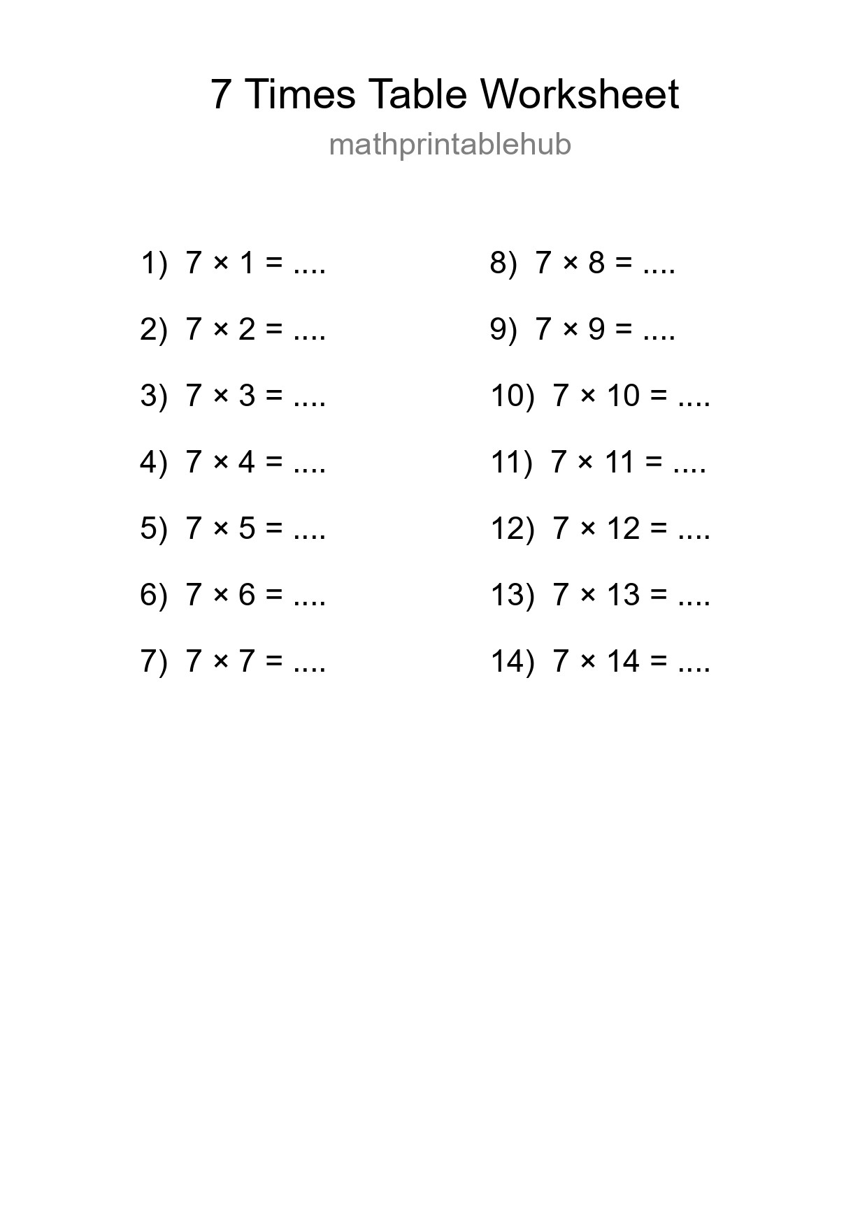 Printable Times Table Worksheet for Grade 3