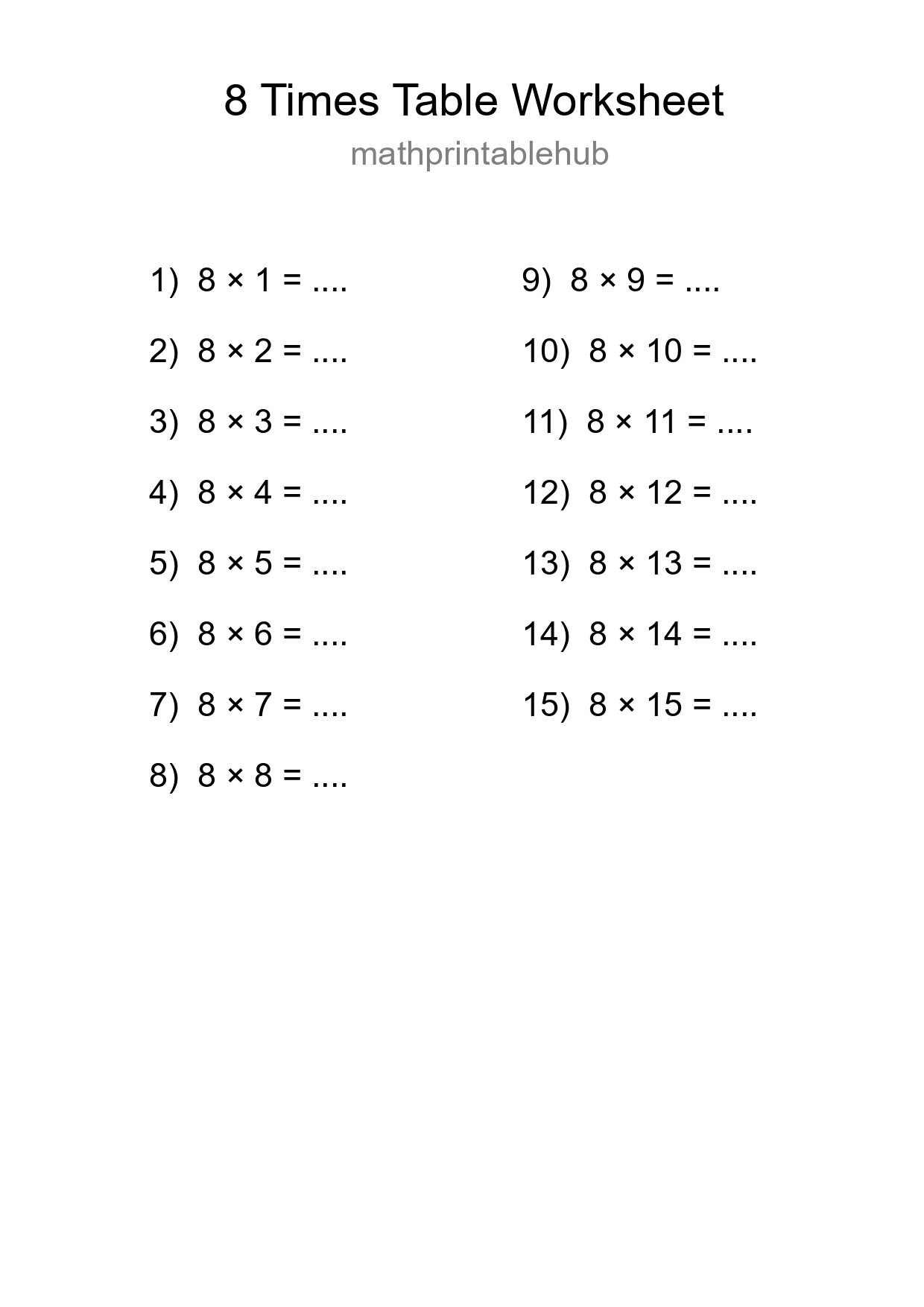 Printable Times Table Worksheet for Grade 3