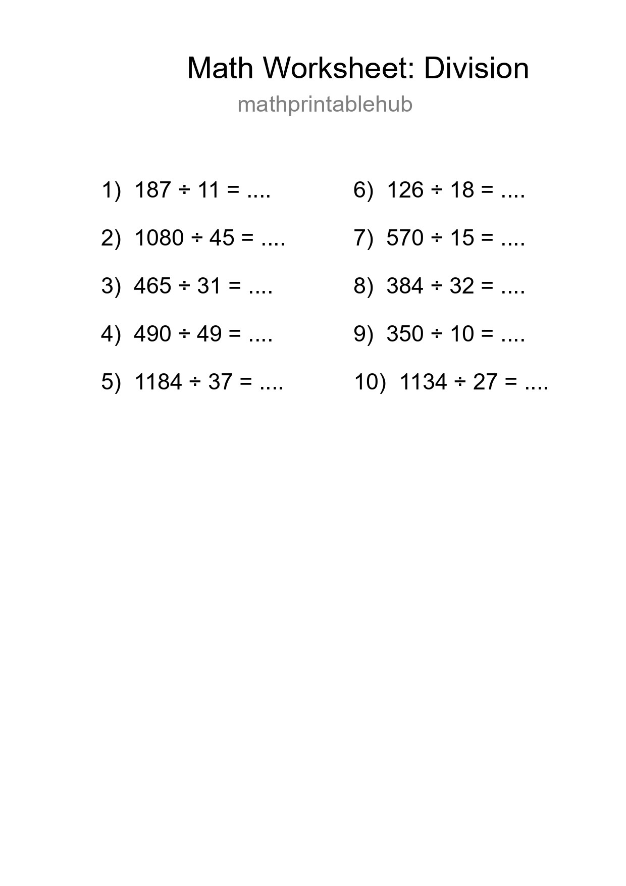 Printable Division Worksheet for Grade 2