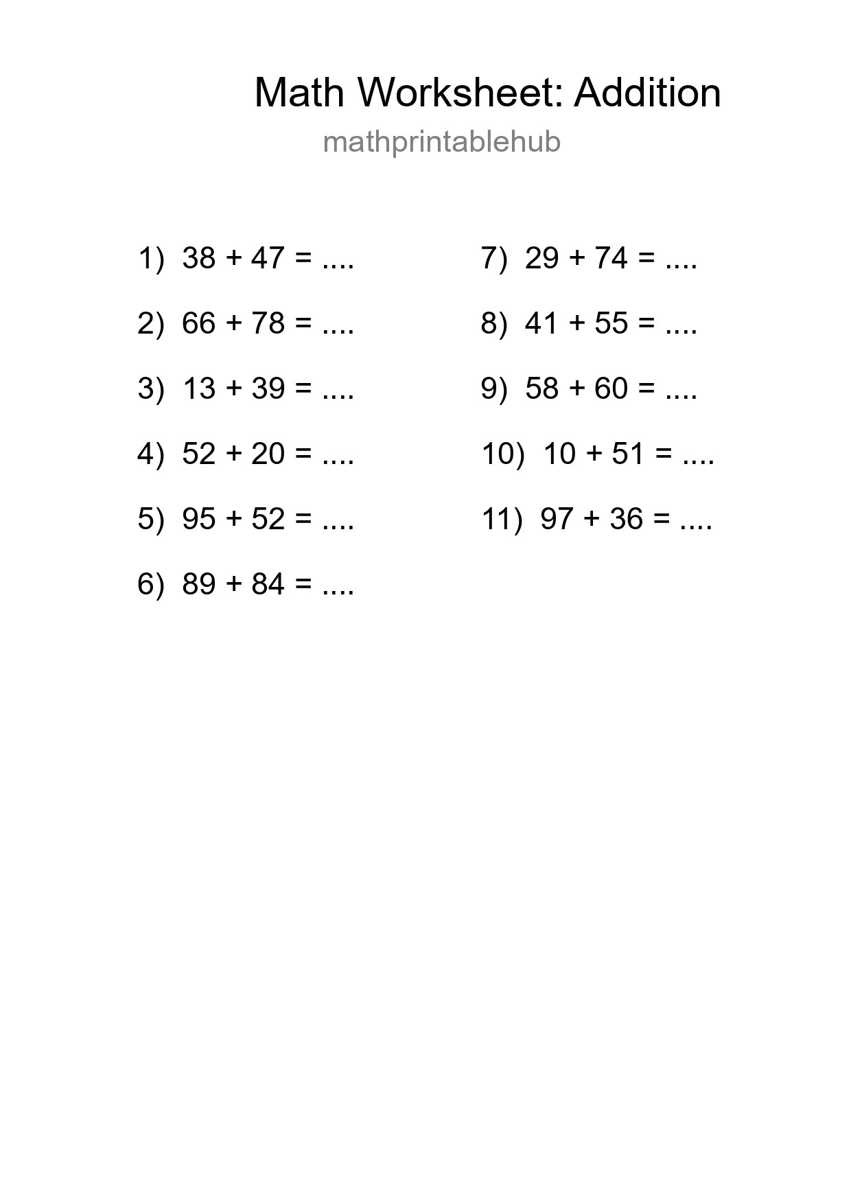 Printable Addition Worksheet for Grade 3
