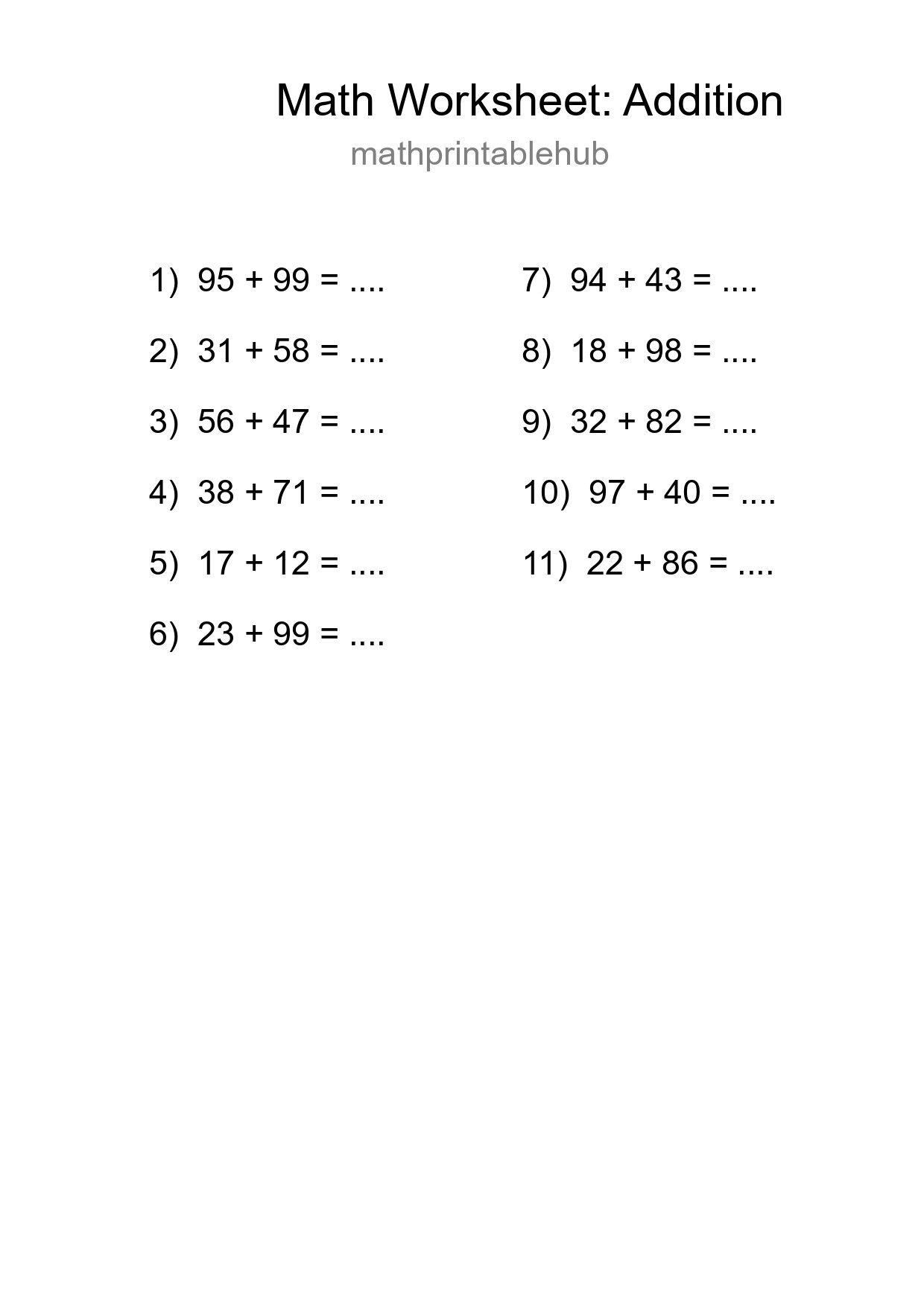 Printable Free 11 Addition Math Worksheet For Grade 3 - Part 81