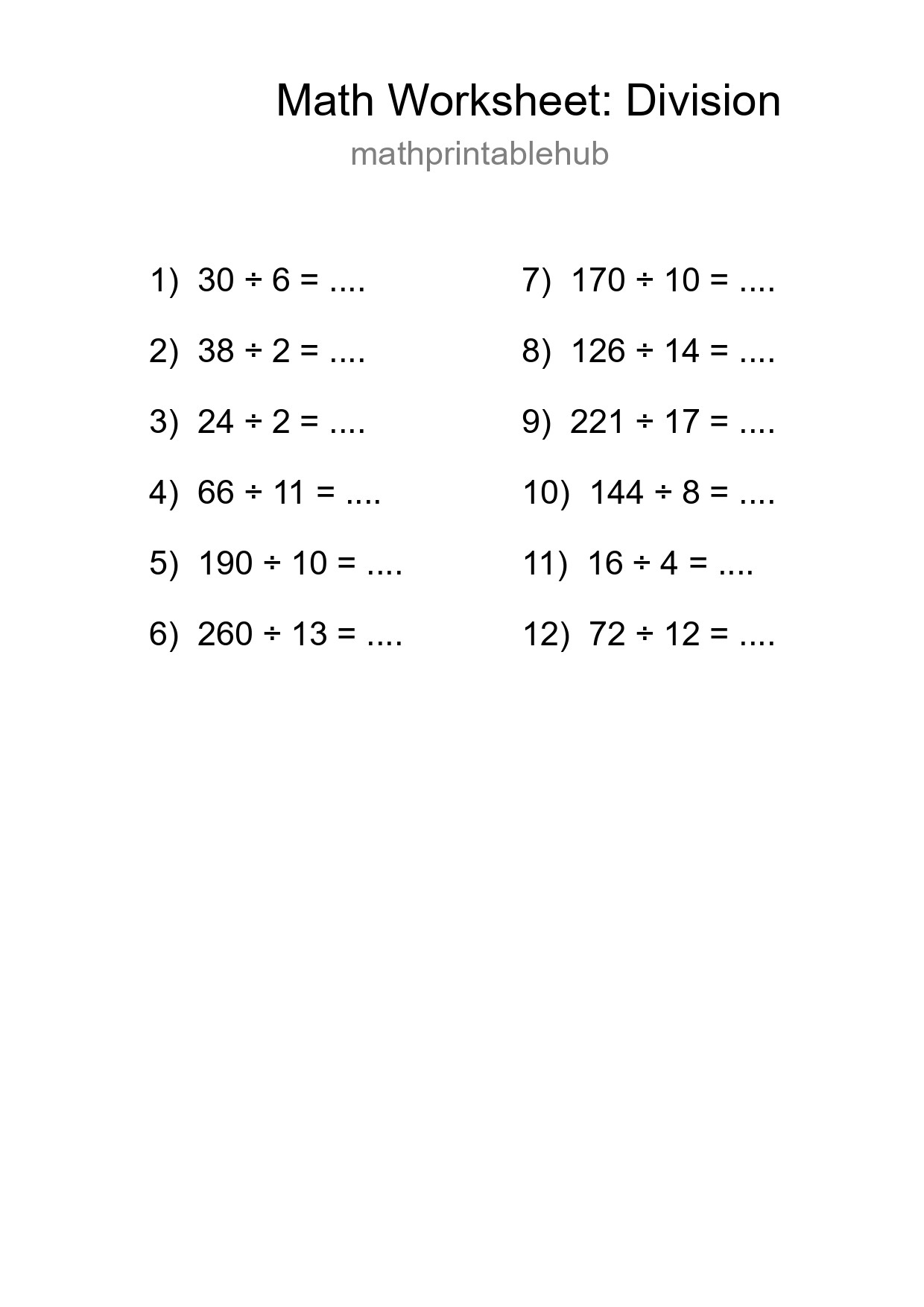 Printable Division Worksheet for Grade 2