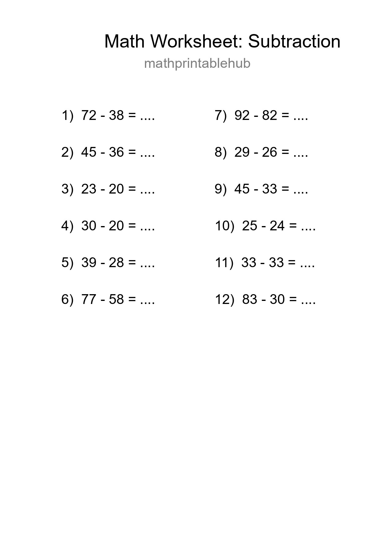 Printable Subtraction Worksheet for Grade 3