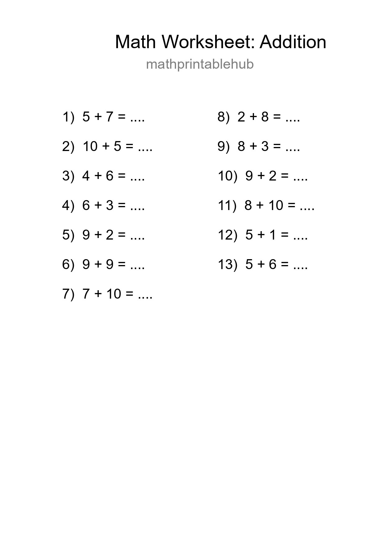 Printable Addition Worksheet for Grade 1