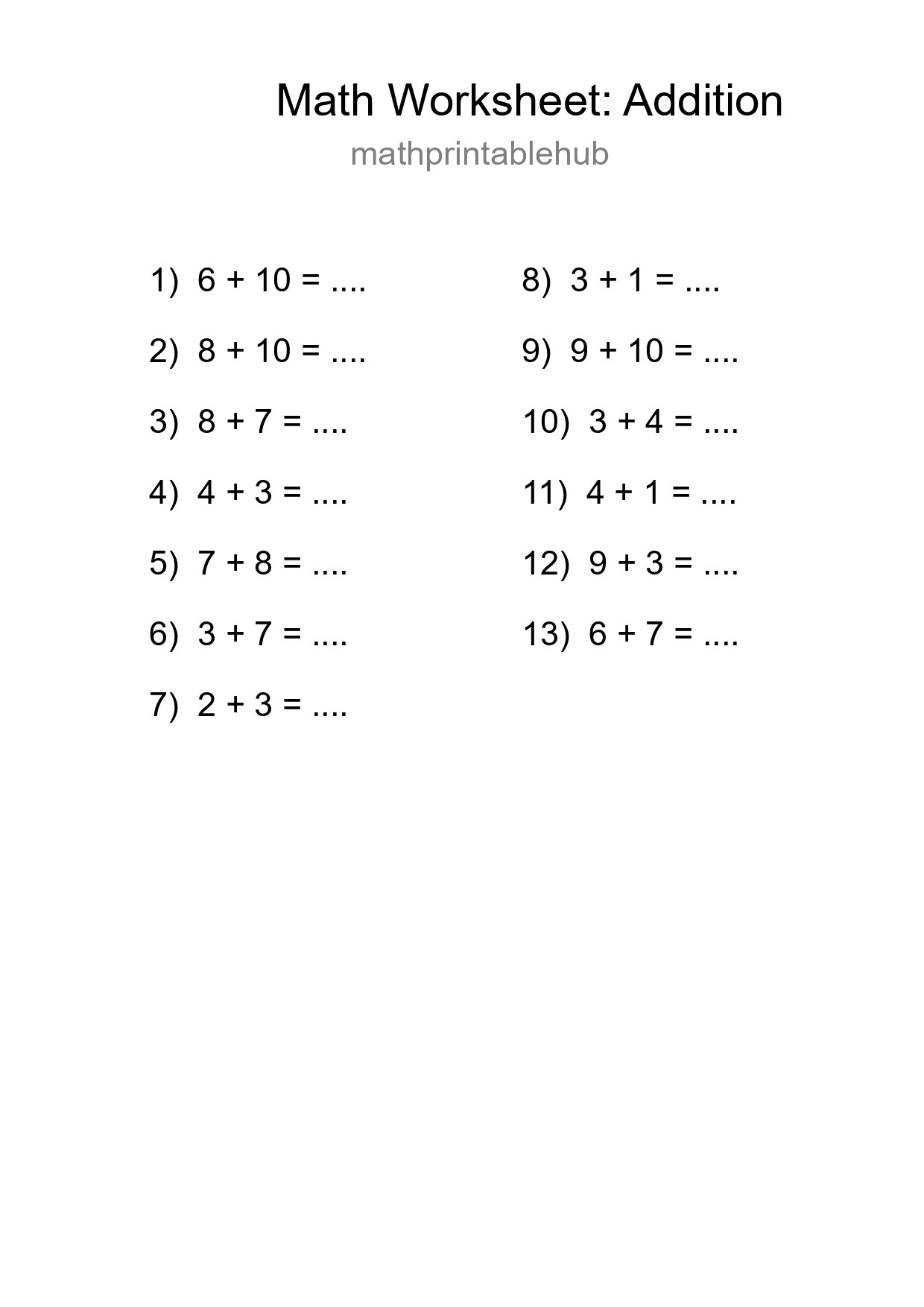 Printable Addition Worksheet for Grade 1