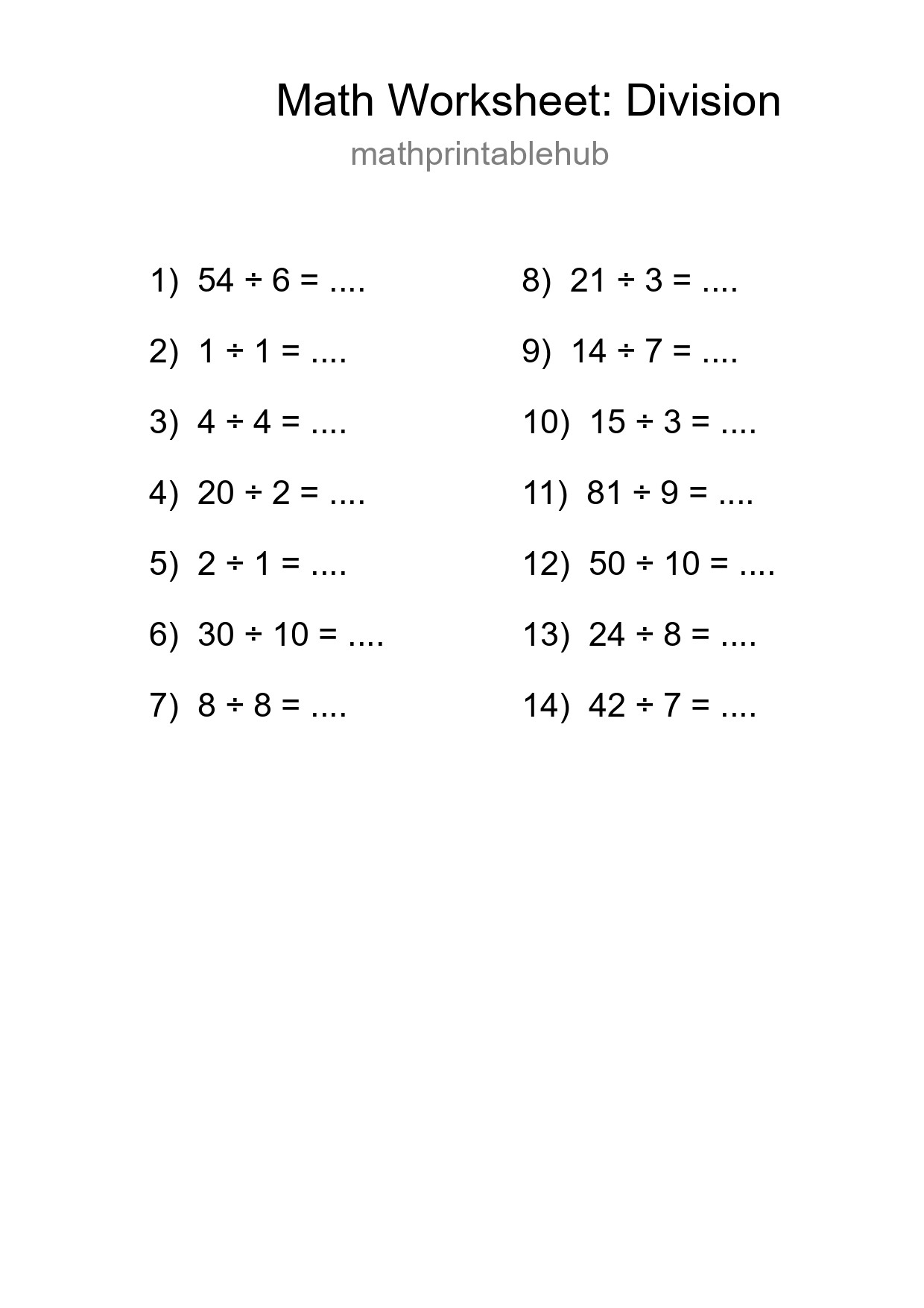 Printable Division Worksheet for Grade 1