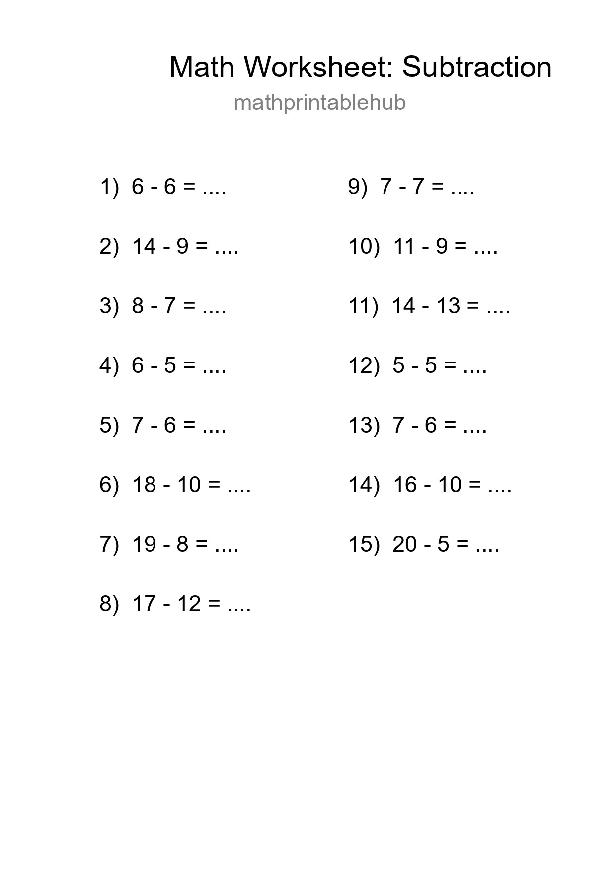 Printable Subtraction Worksheet for Grade 2