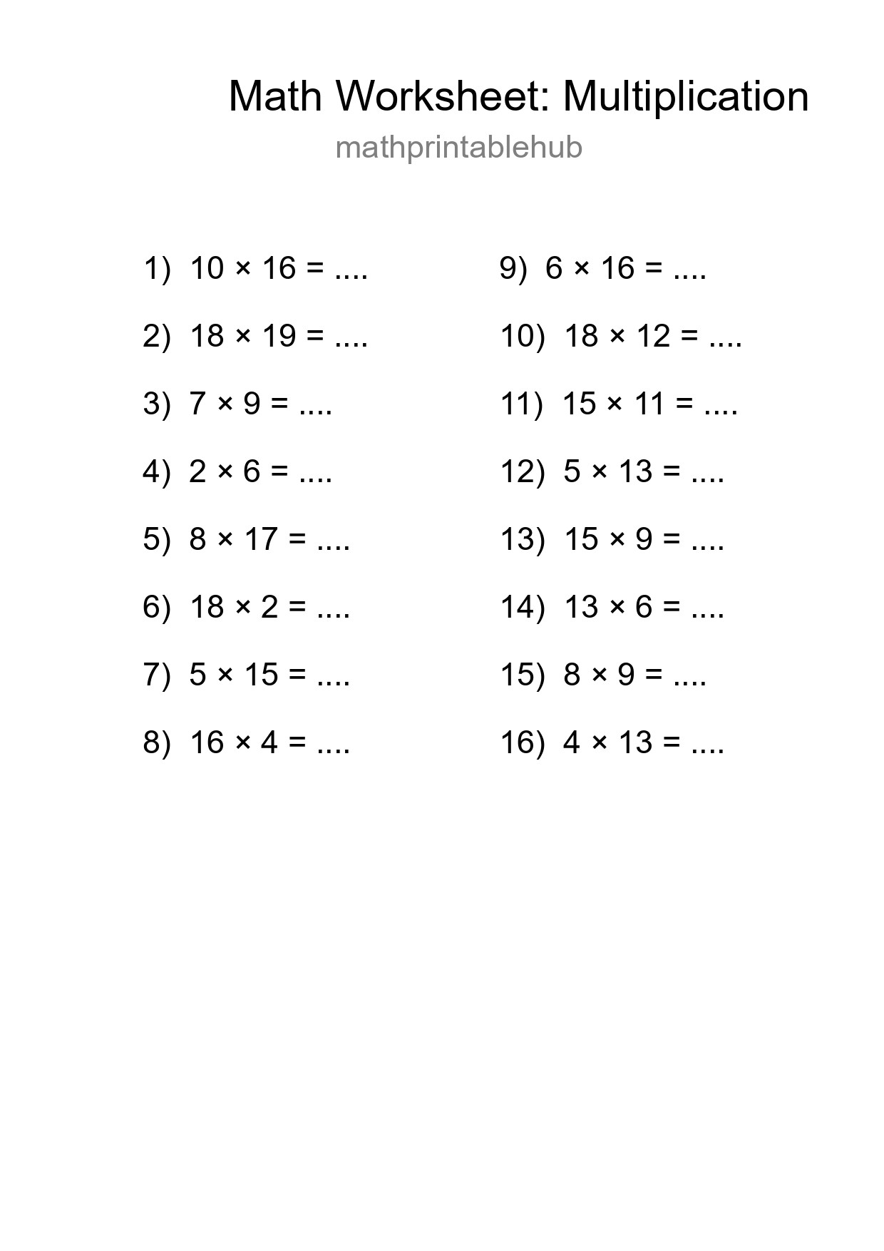 Printable Free 16 Multiplication Math Worksheet For Grade 2 - Part 7
