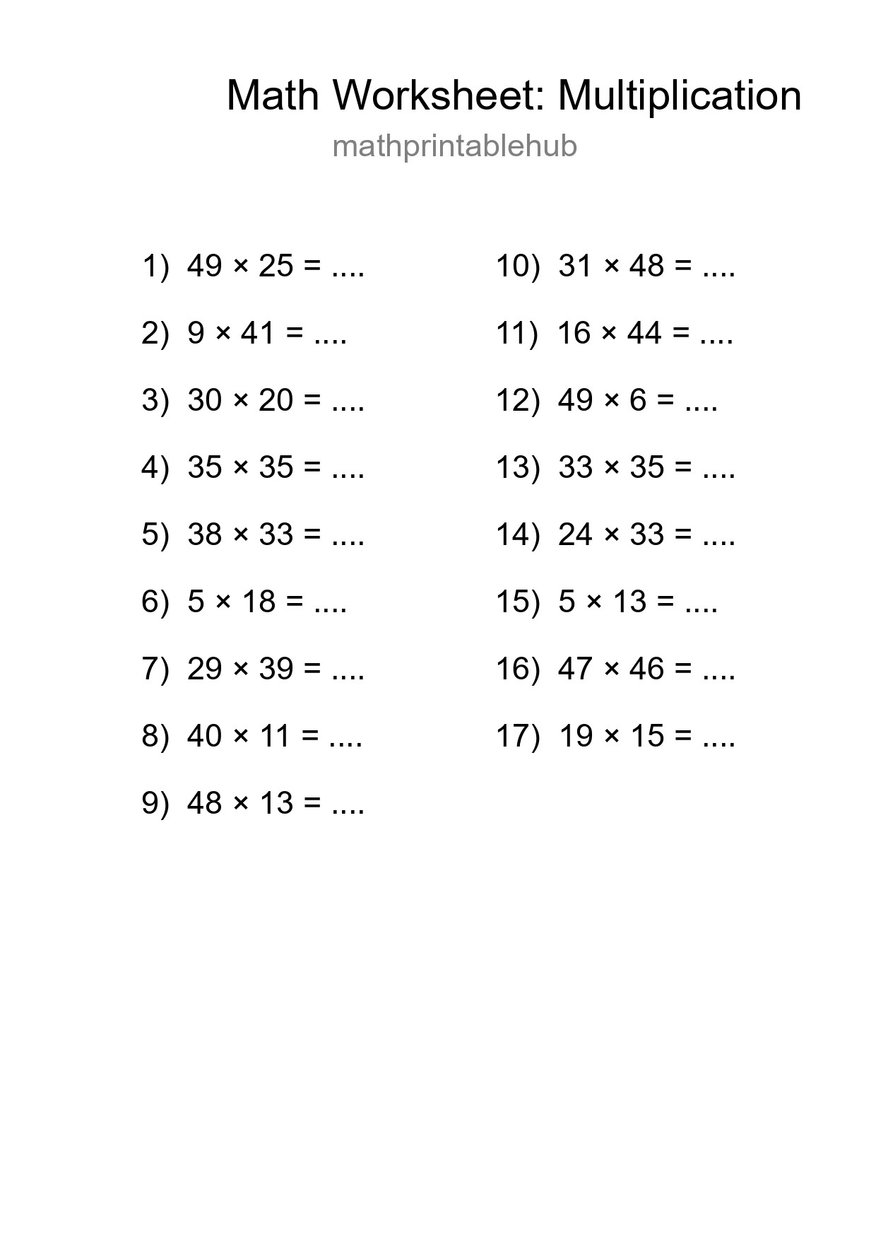 Printable Multiplication Worksheet for Grade 2