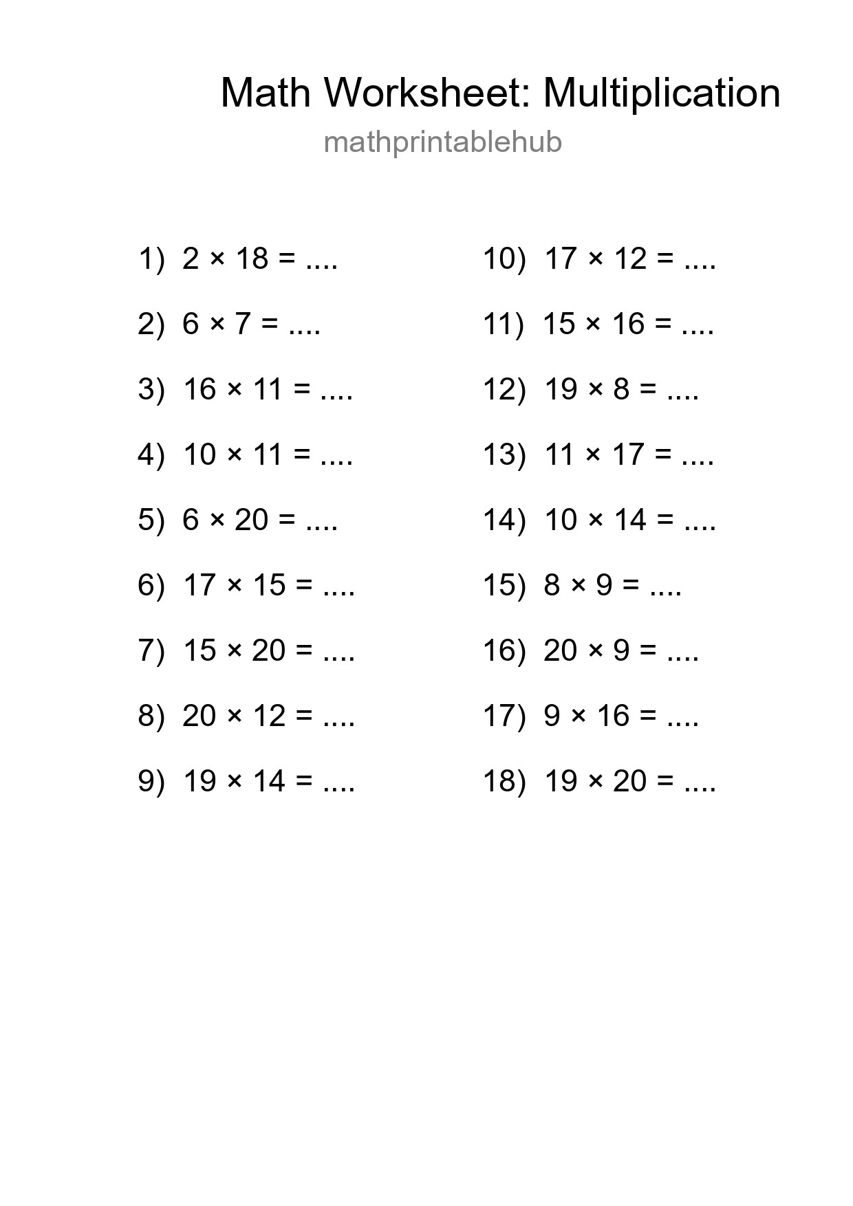 Printable Multiplication Worksheet for Grade 2