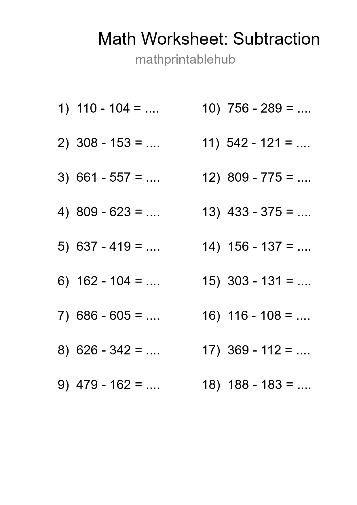 Printable Subtraction Worksheet for Grade 5