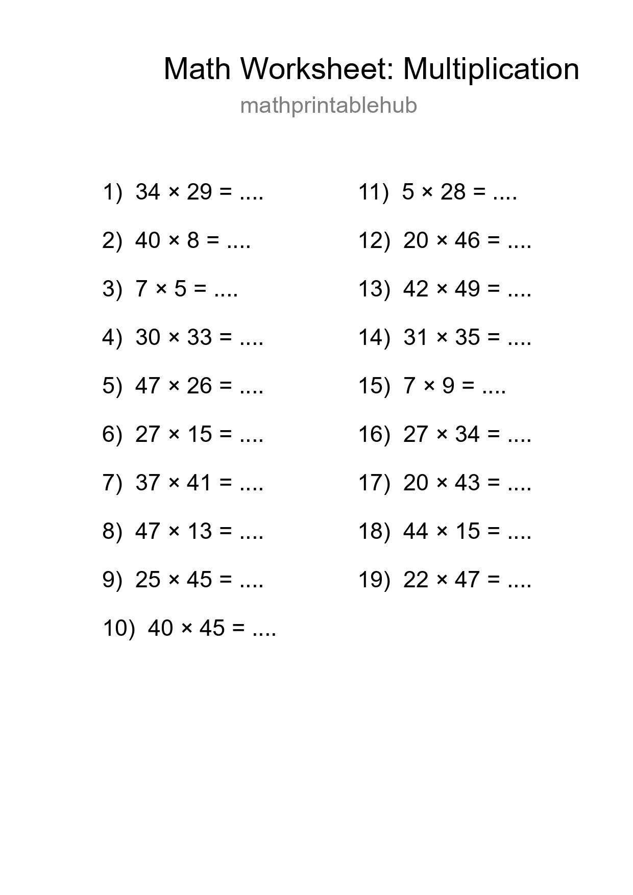 Printable Multiplication Worksheet for Grade 2