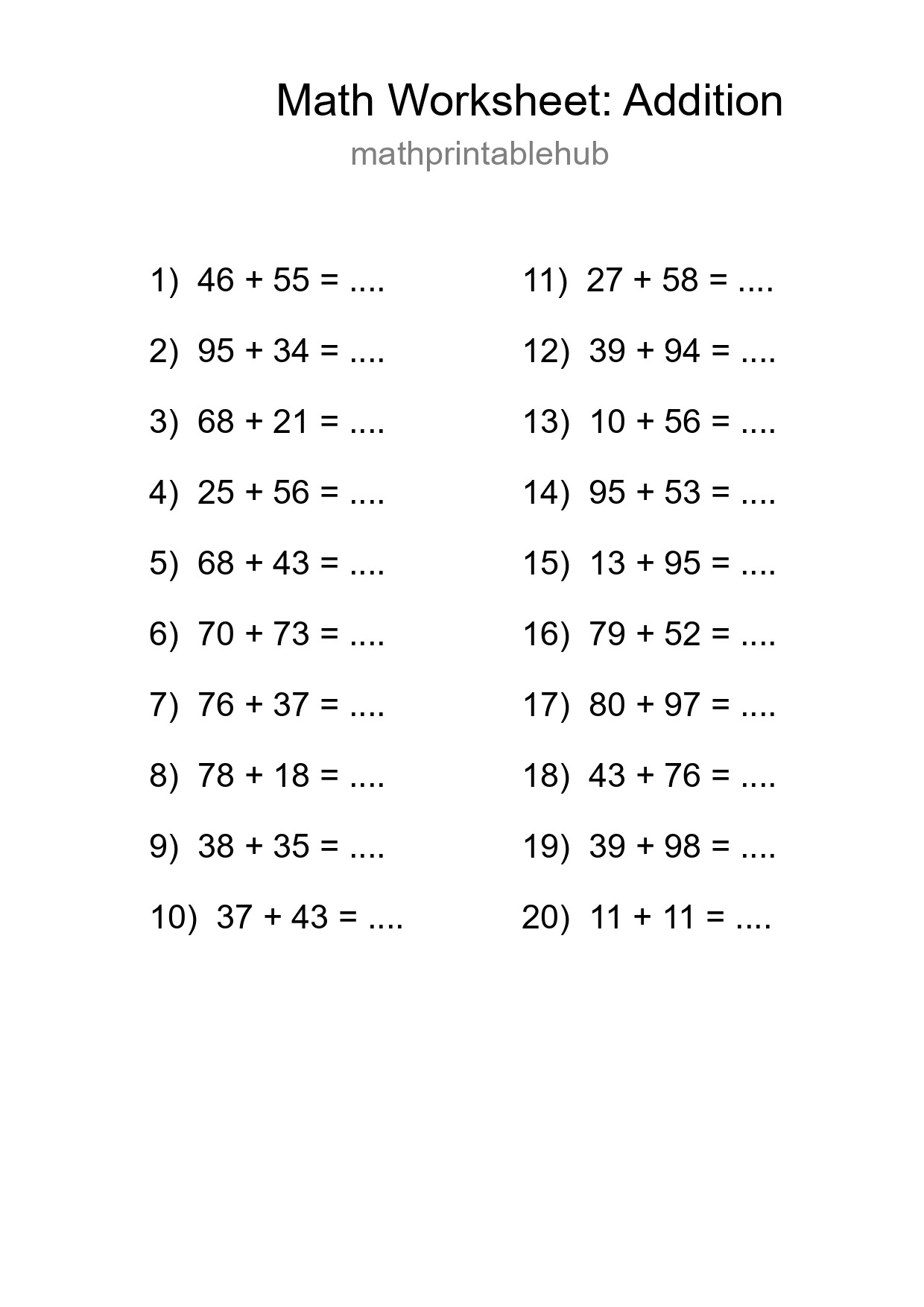 Printable Addition Worksheet for Grade 3