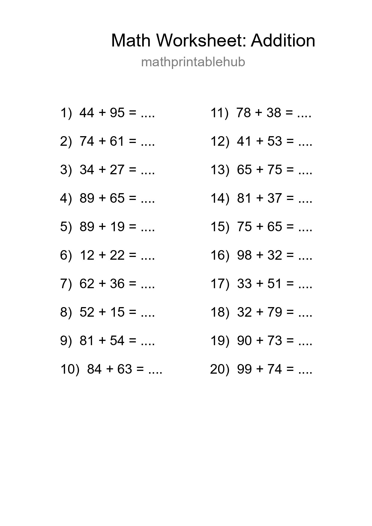 Printable Addition Worksheet for Grade 3