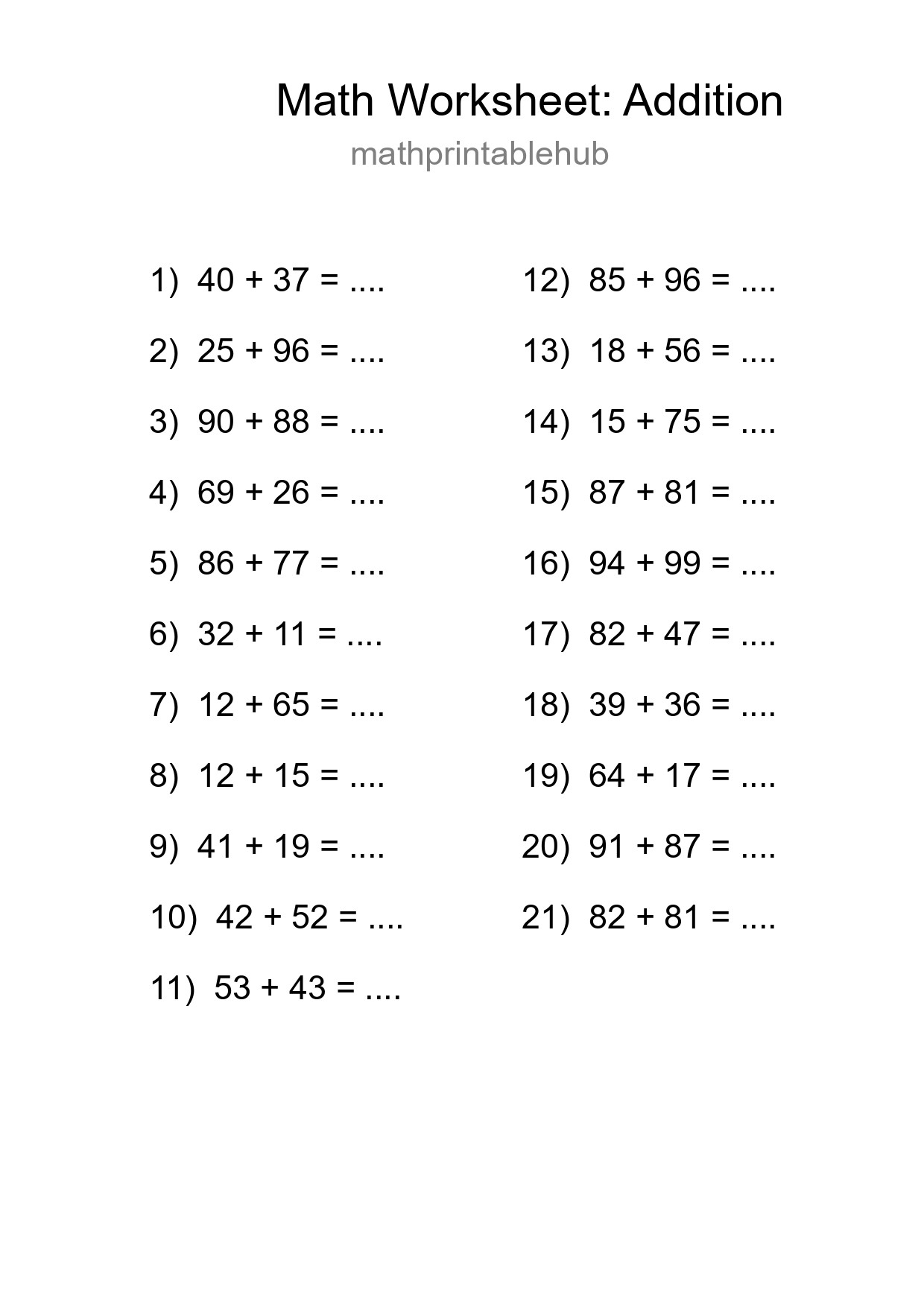 Printable Addition Worksheet for Grade 3