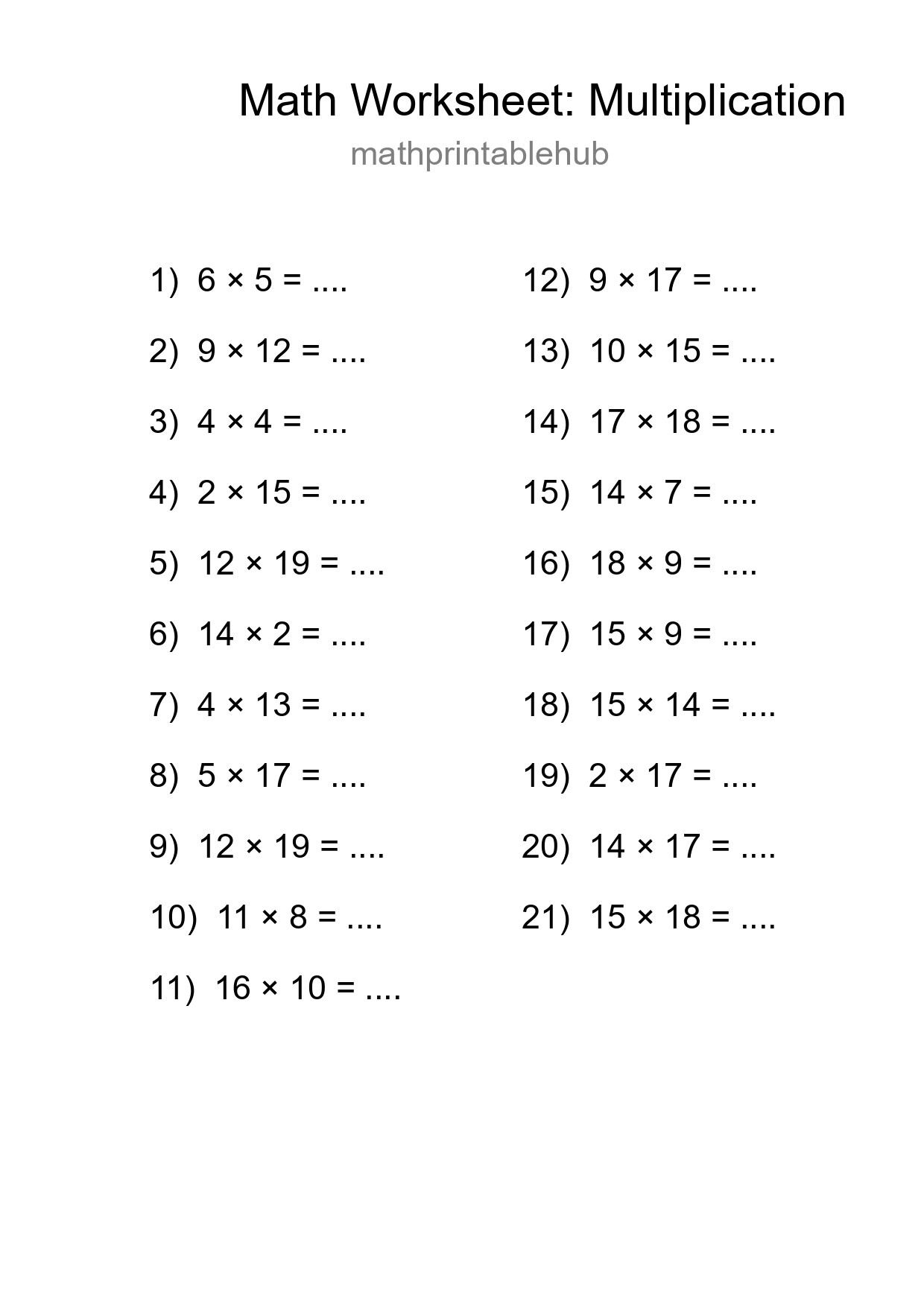 Printable Multiplication Worksheet for Grade 2