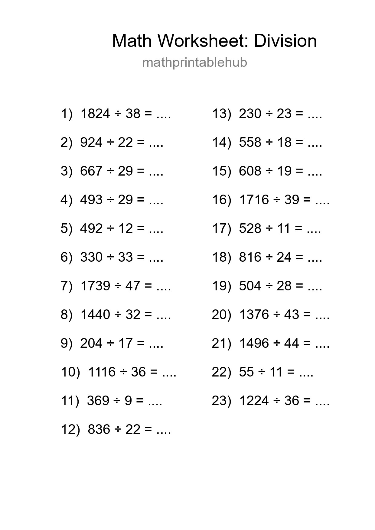 Printable Division Worksheet for Grade 2