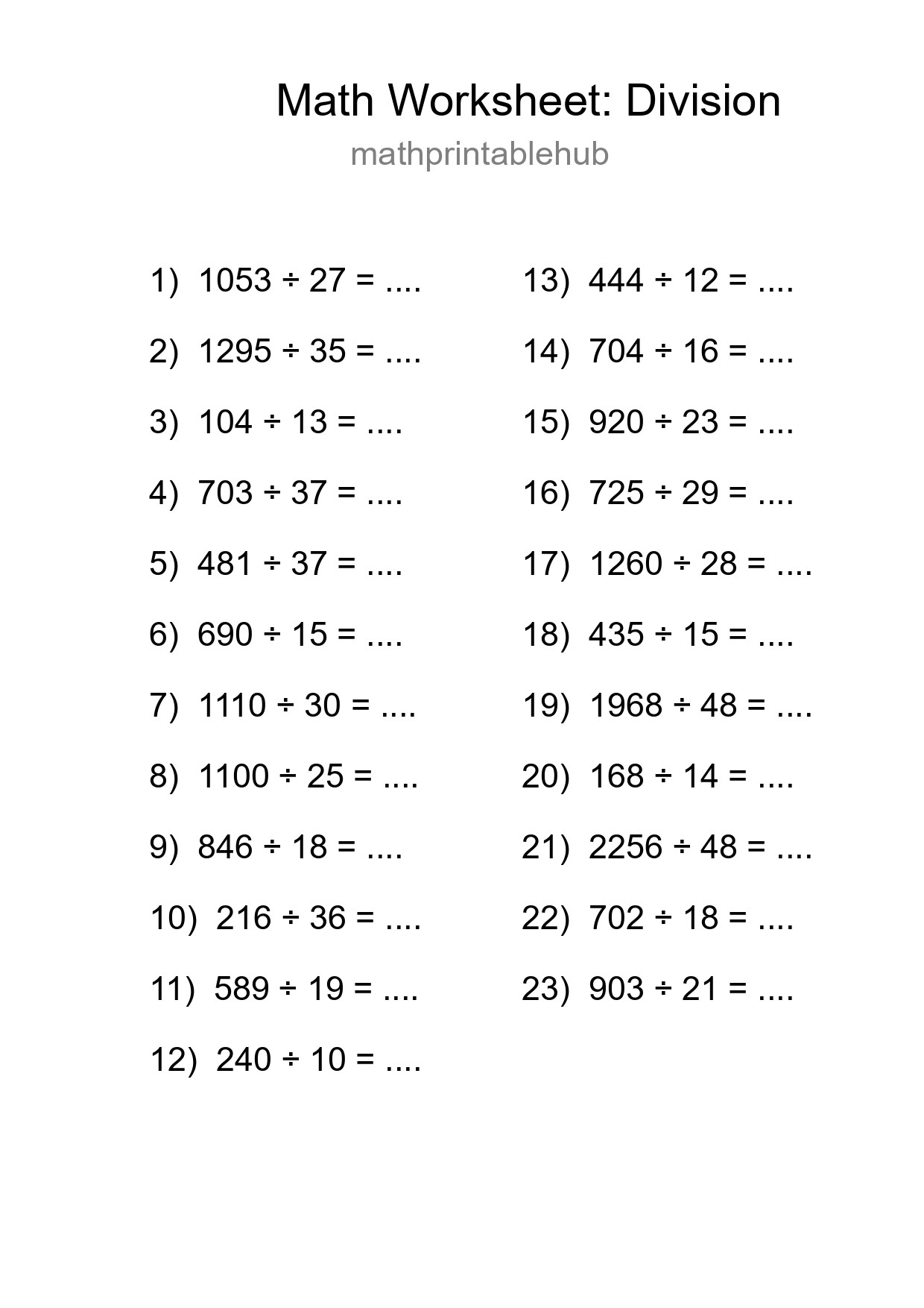 Printable Division Worksheet for Grade 2