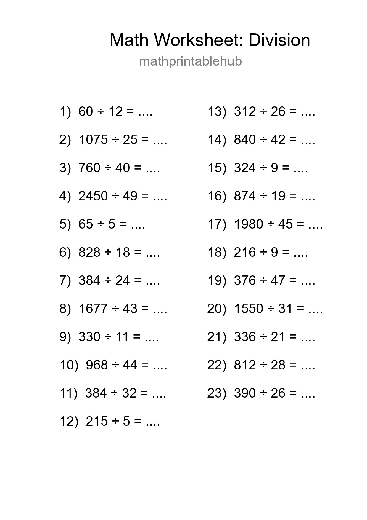 Printable Division Worksheet for Grade 2