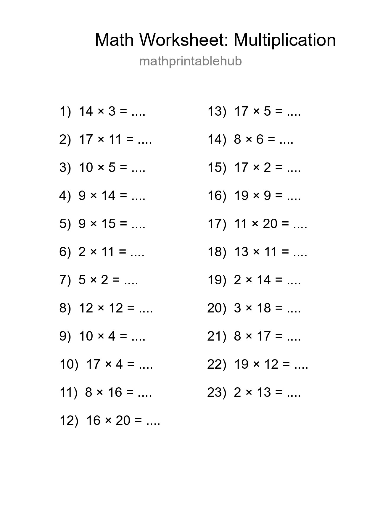 Printable Multiplication Worksheet for Grade 2