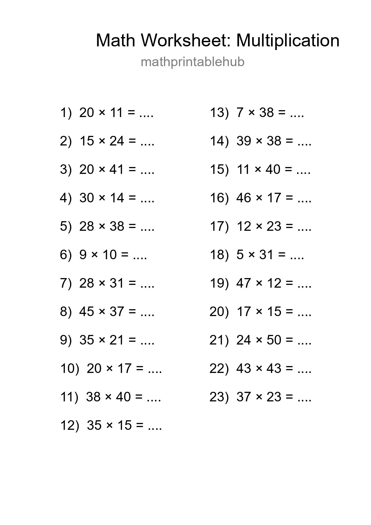 Printable Multiplication Worksheet for Grade 2