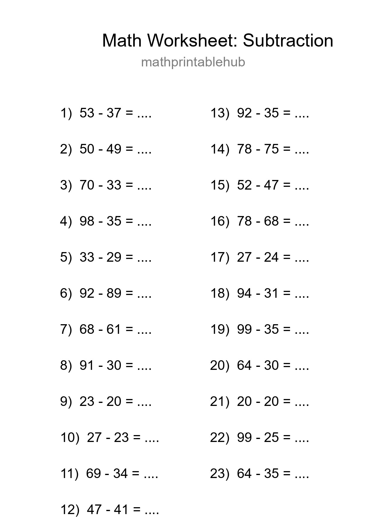 Printable Subtraction Worksheet for Grade 3