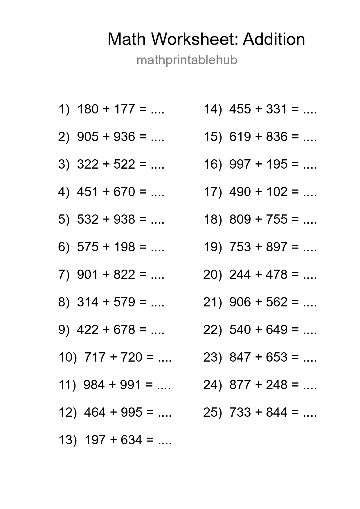 Printable Addition Worksheet for Grade 5