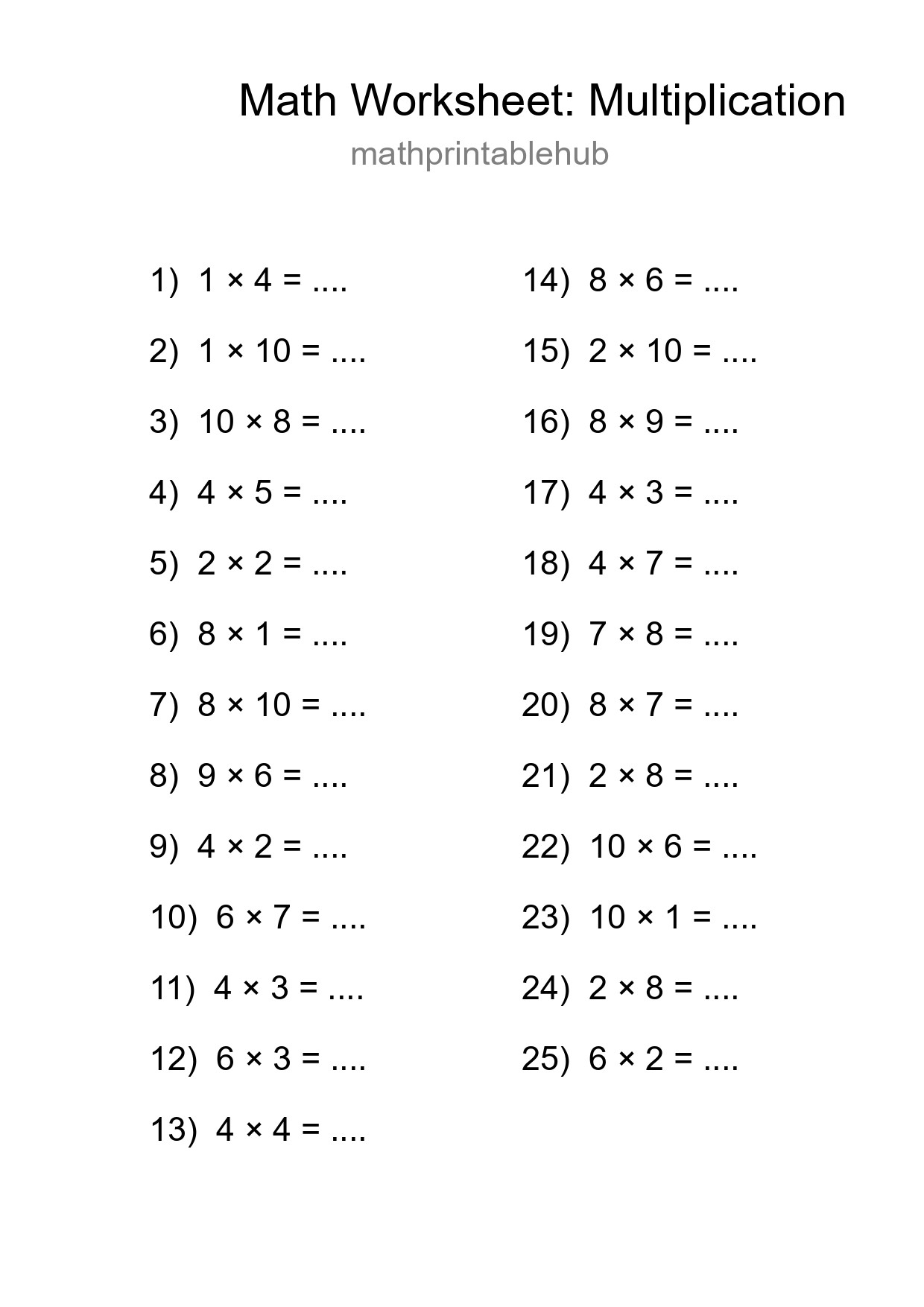 Printable Multiplication Worksheet for Grade 1