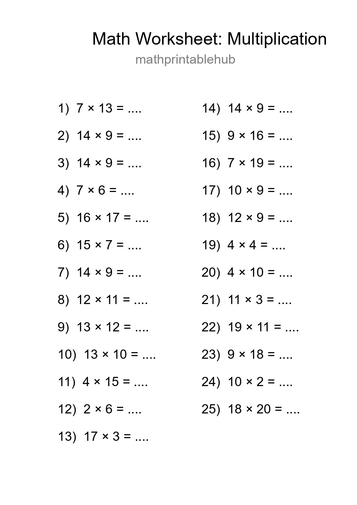 Printable Free 25 Multiplication Math Worksheet For Grade 2 - Part 57