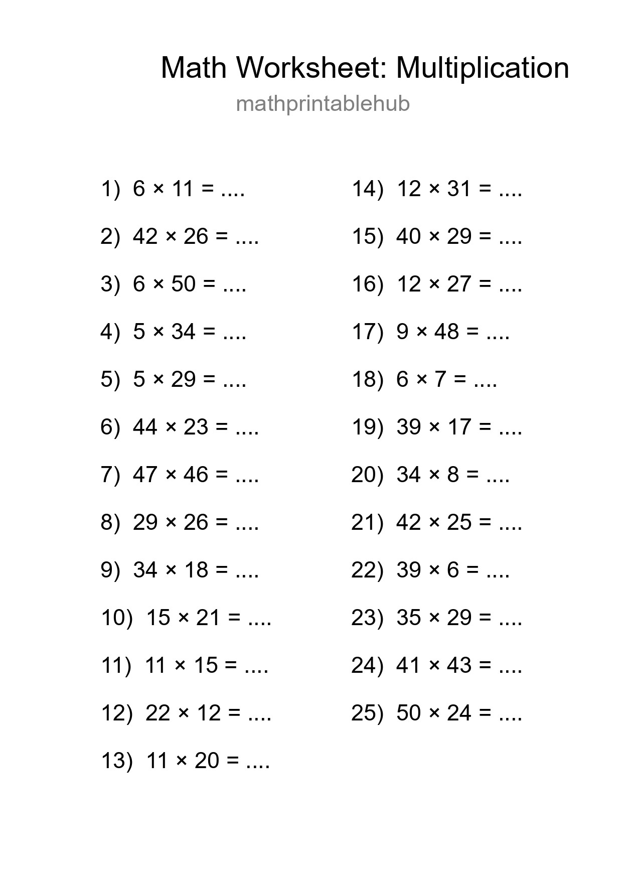 Printable Multiplication Worksheet for Grade 2