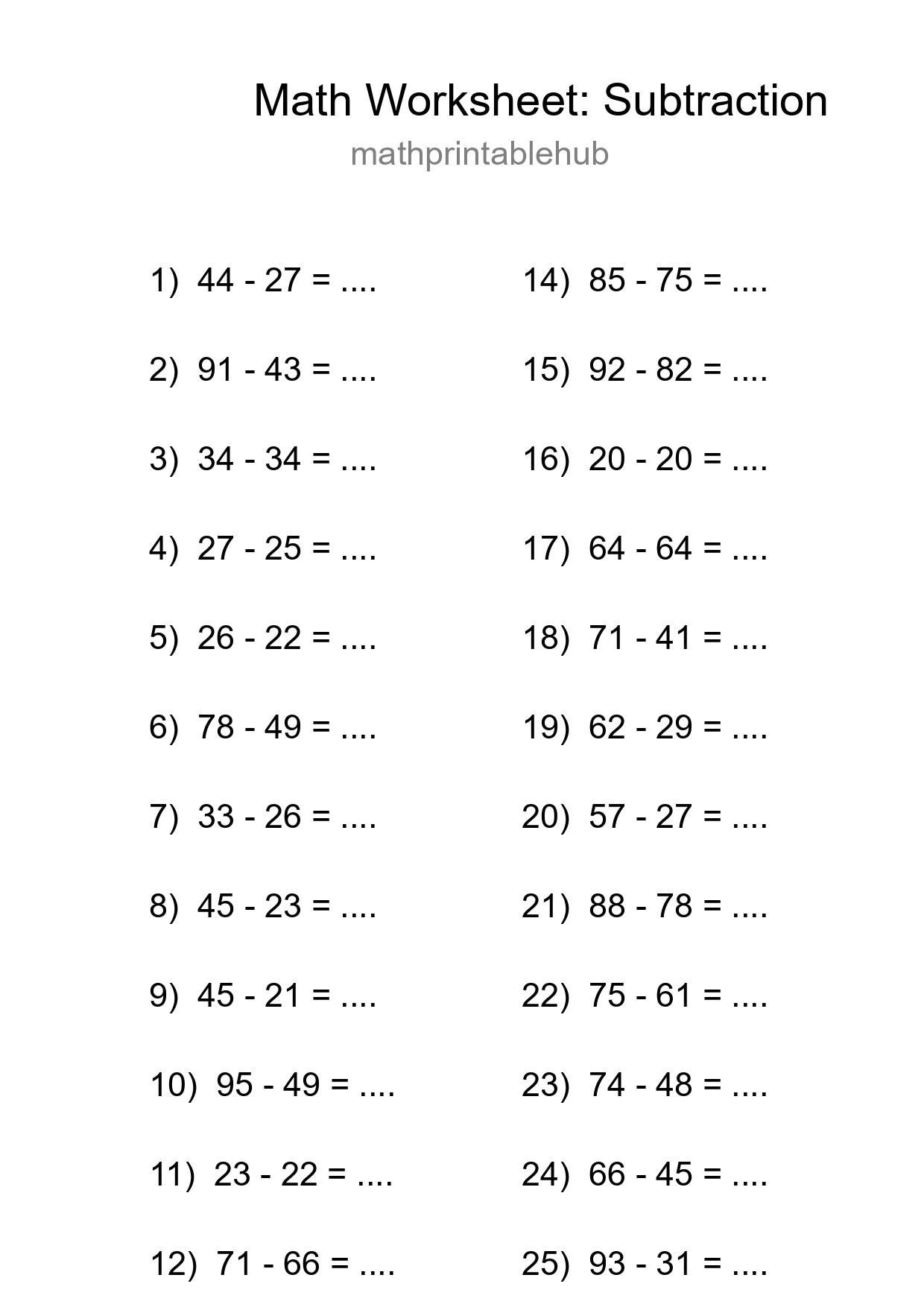 Printable Free 25 Subtraction Math Worksheet For Grade 3 - Part 38