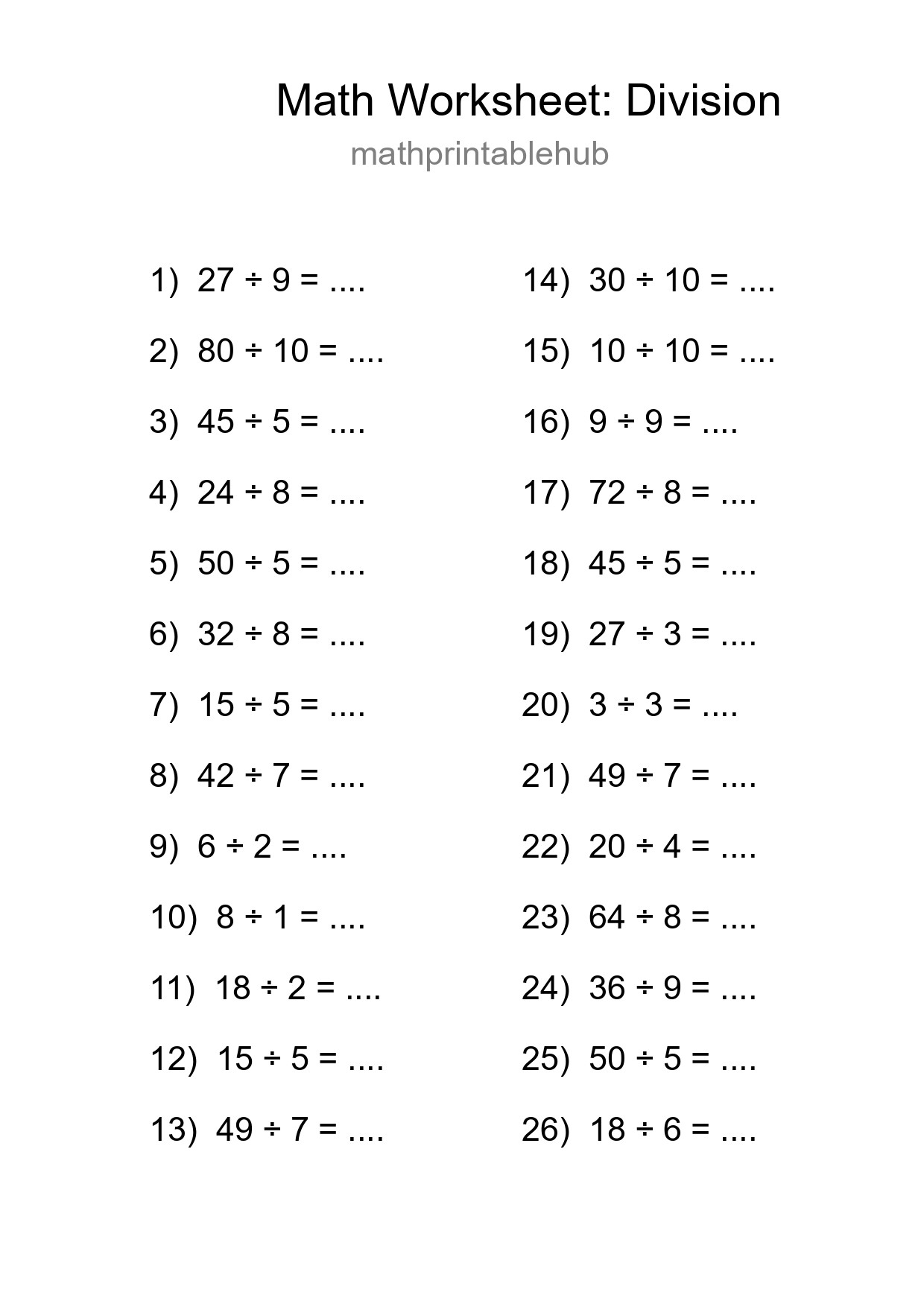 Printable Division Worksheet for Grade 1