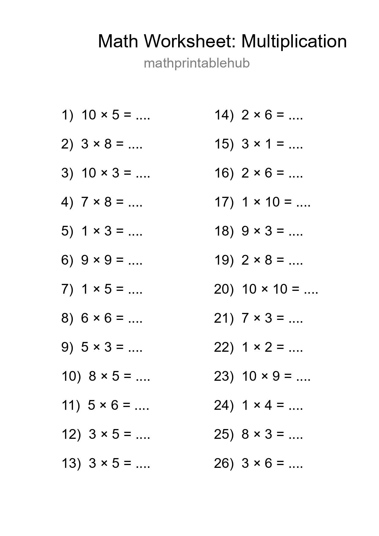 Printable Multiplication Worksheet for Grade 1