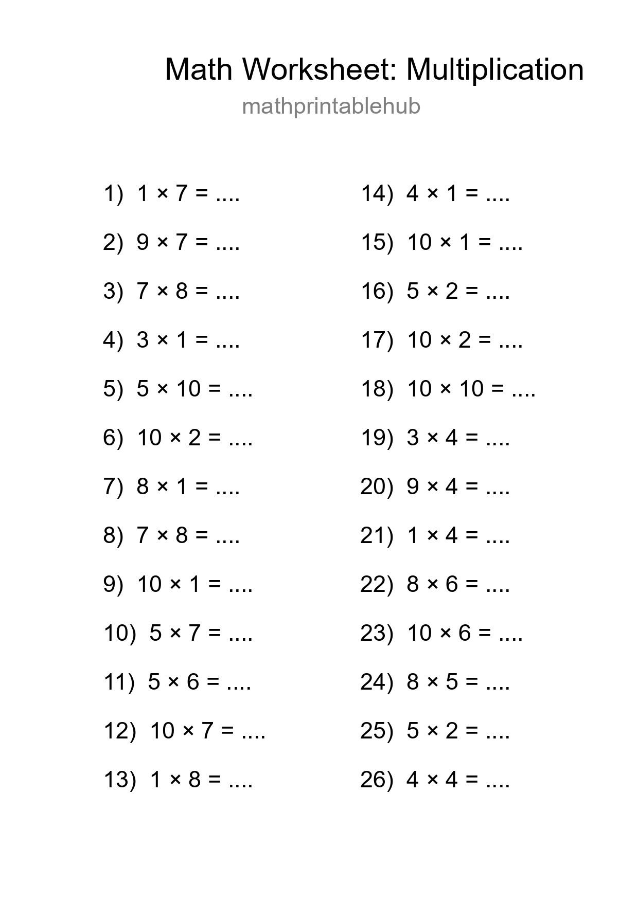 Printable Multiplication Worksheet for Grade 1