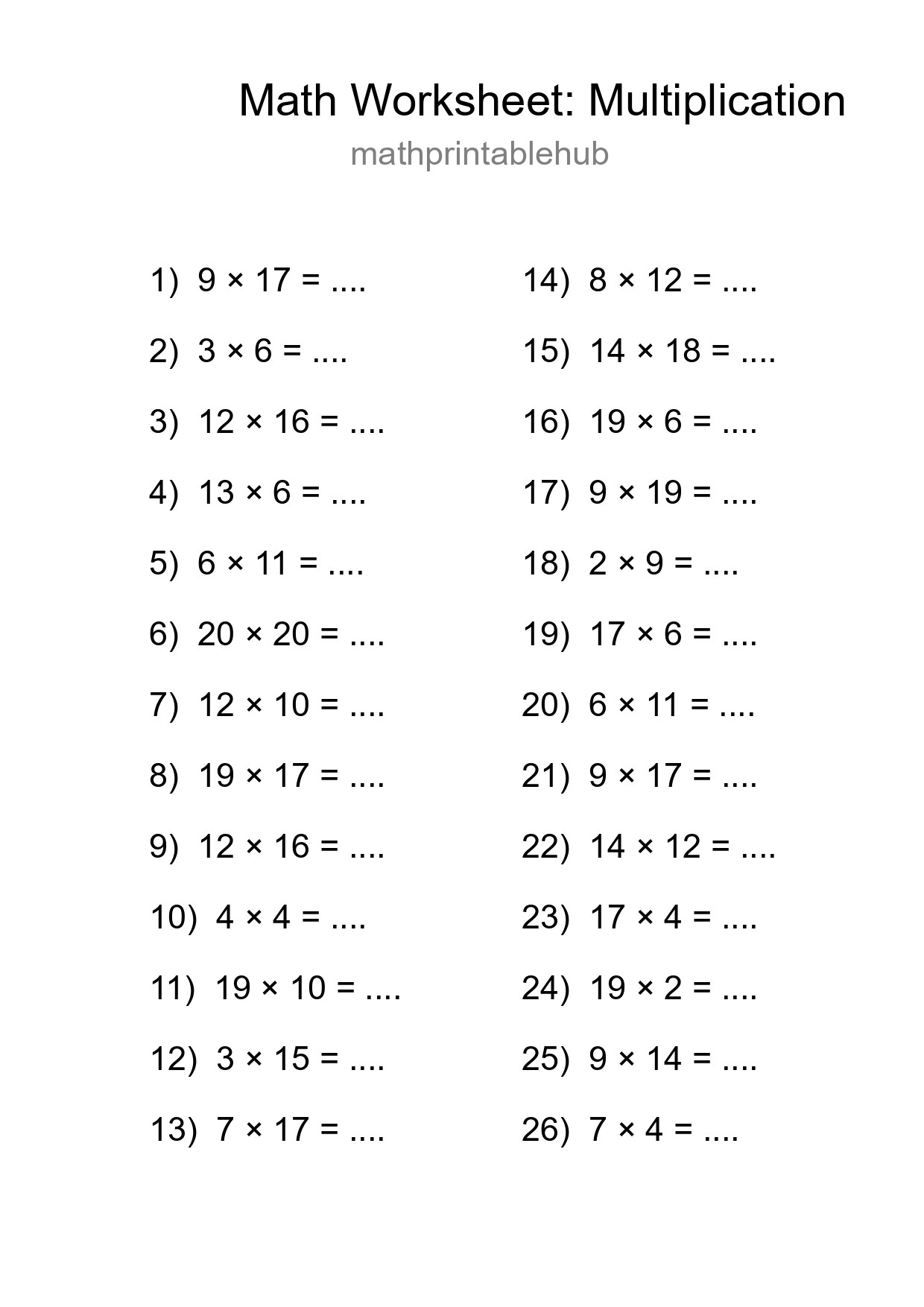 Printable Multiplication Worksheet for Grade 2