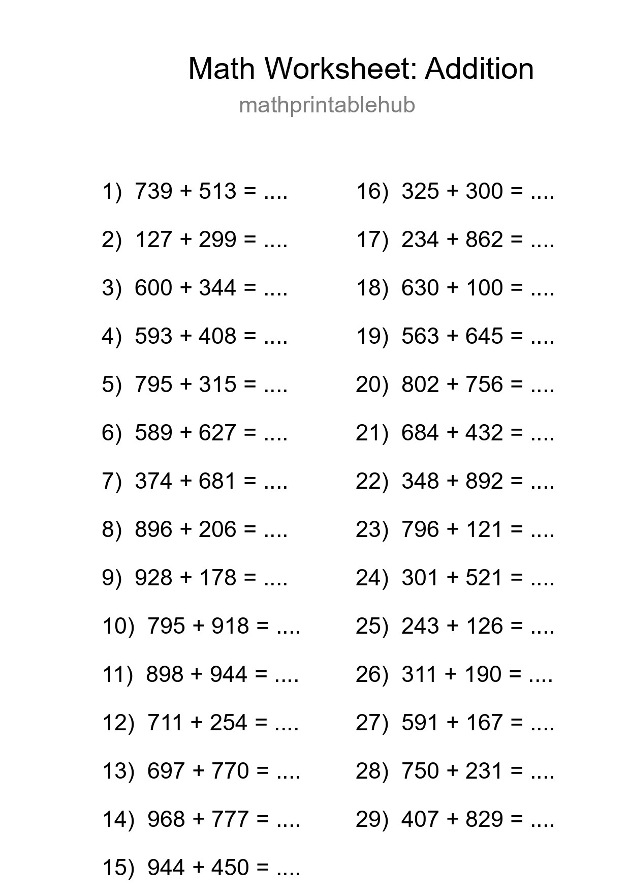 Printable Free 29 Addition Math Worksheet For Grade 5 - Part 91