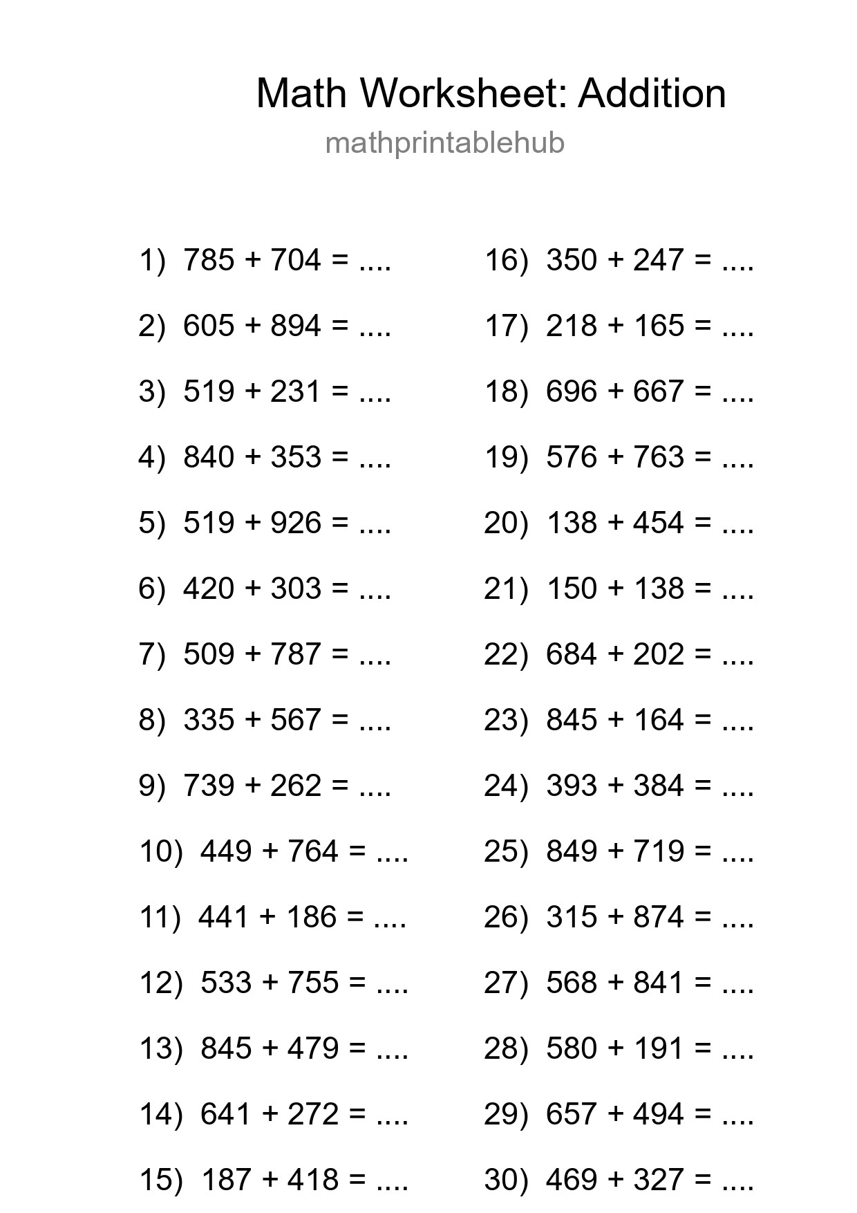 Printable Addition Worksheet for Grade 5