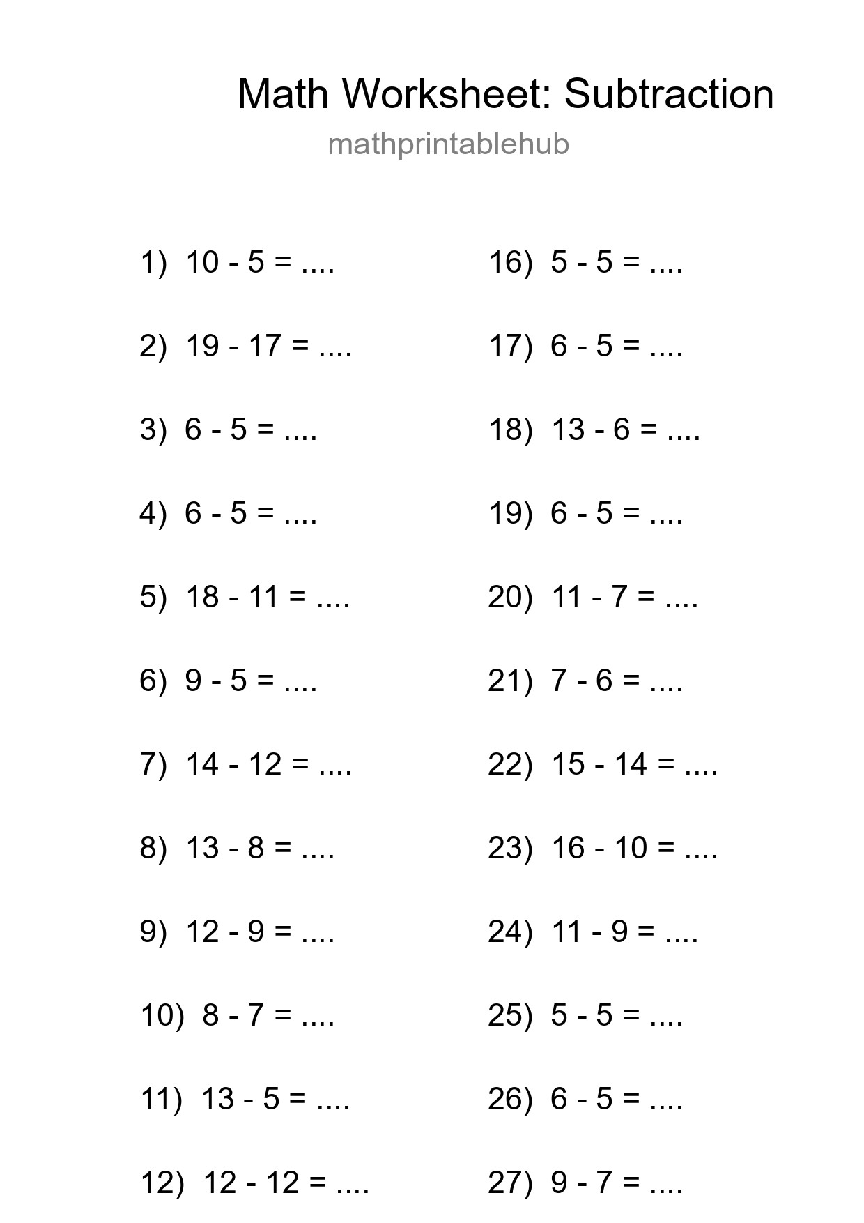 Printable Subtraction Worksheet for Grade 2